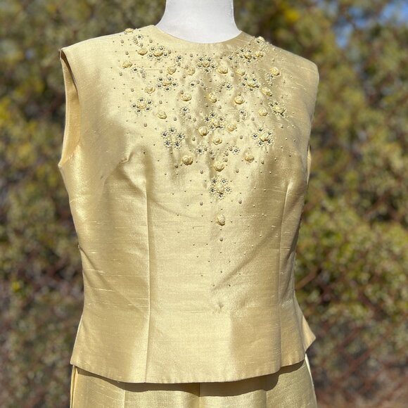 Vintage Jackets & Blazers - Vintage 60s 3-Piece Slubbed Silk Suit Embellished w/ Rhinestones, Pearls, Sz 14